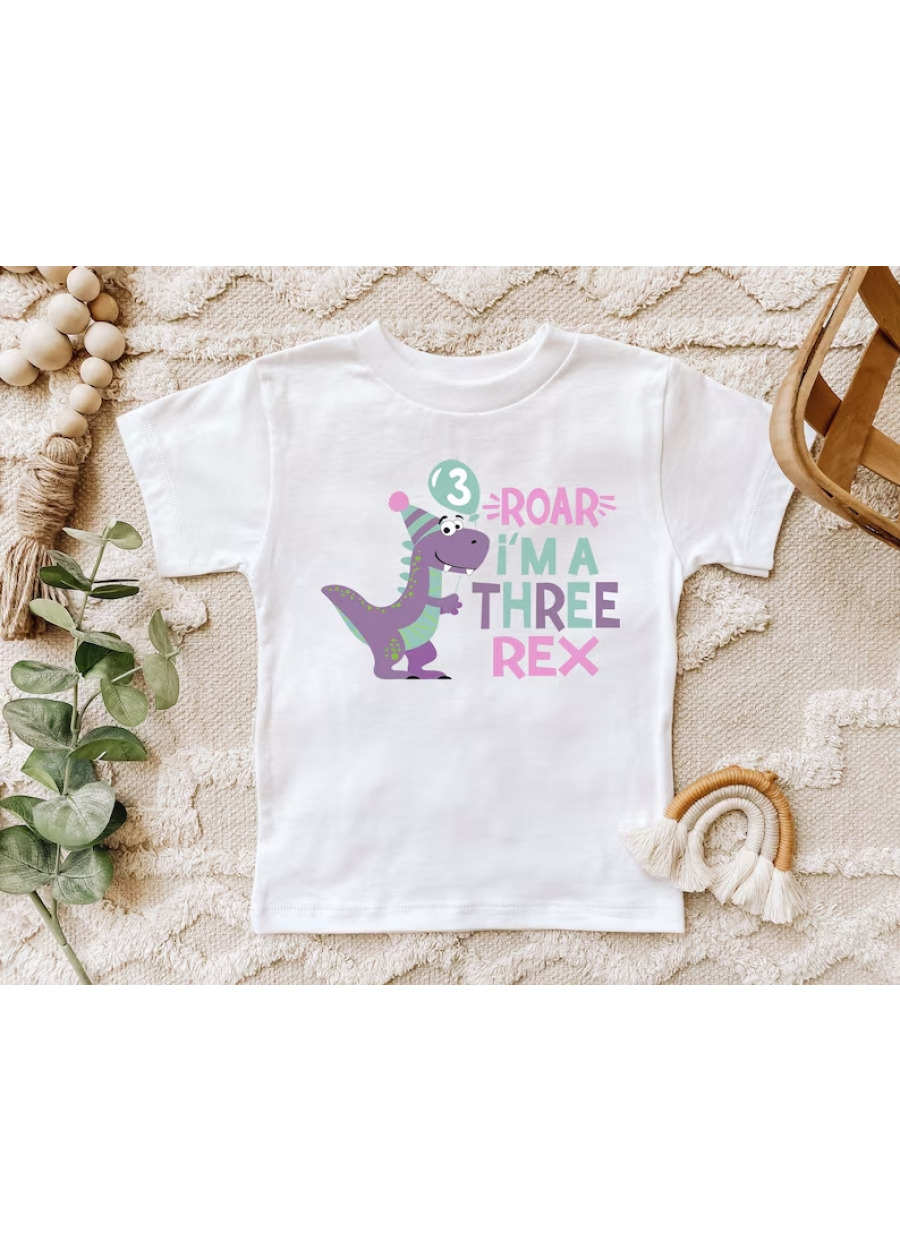 Girls Dinosaur Birthday Shirt: Three Rex Party, Kids Birthday T-Shirt