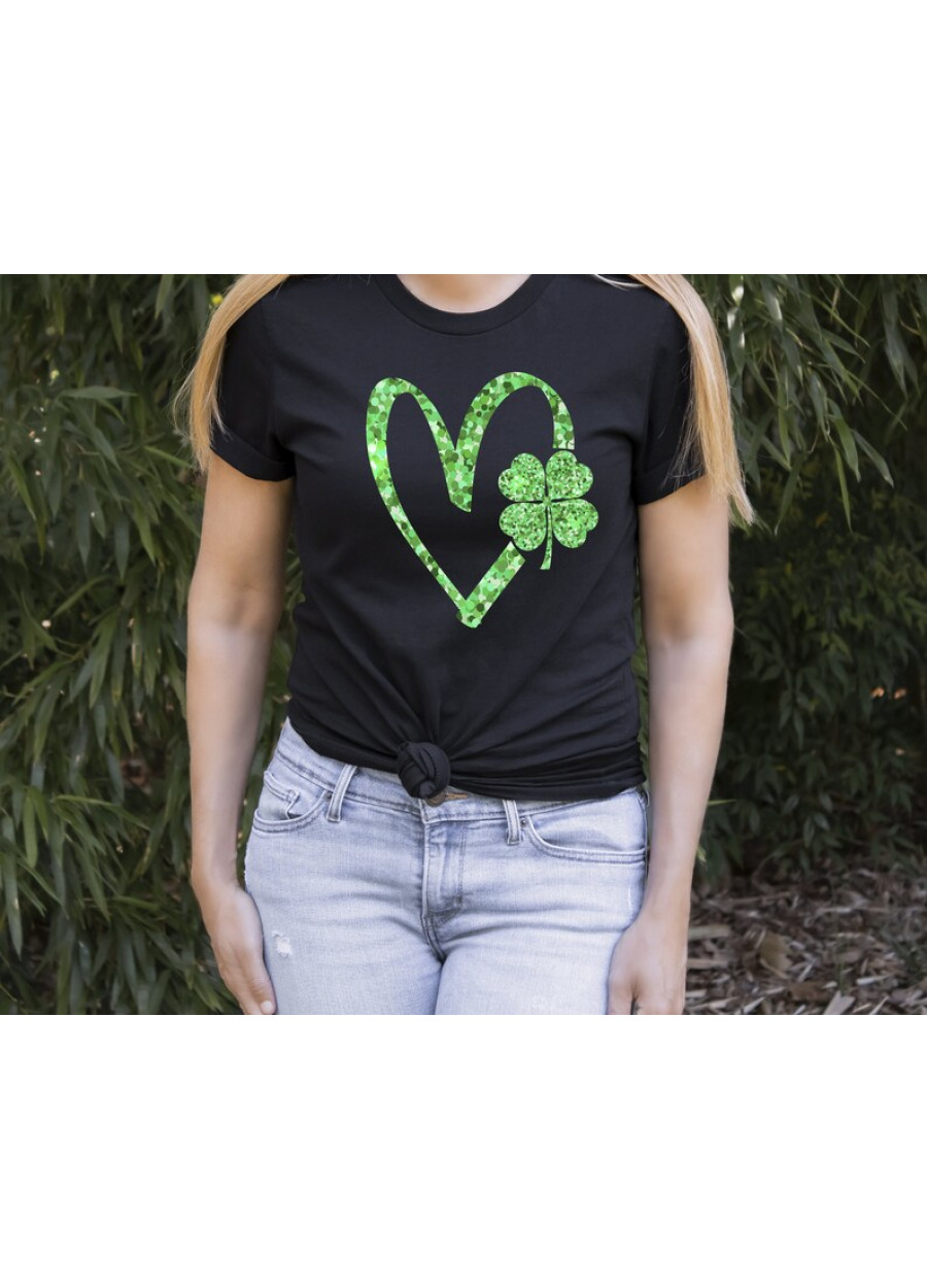 Womens Glitter Shamrock Heart T-Shirt - St. Patrick's Day Tee