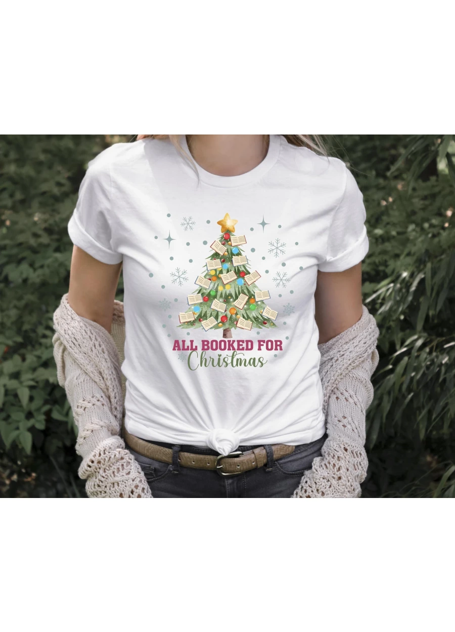 Bookworm Christmas Tree T-Shirt: All Booked For Christmas Holiday Tee