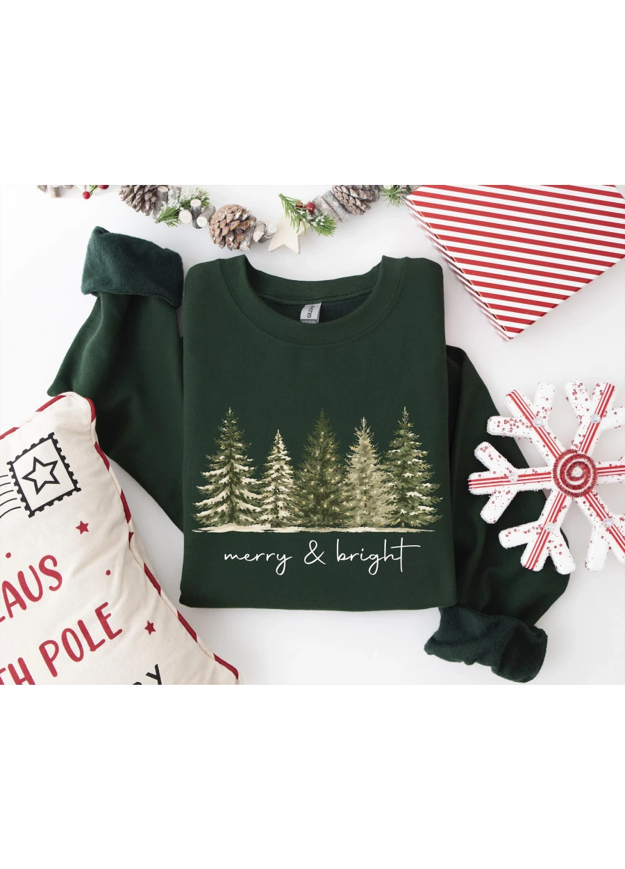 Merry & Bright Christmas Tree Sweatshirt, Womens Festive Holiday Shirt, Family Xmas Gift