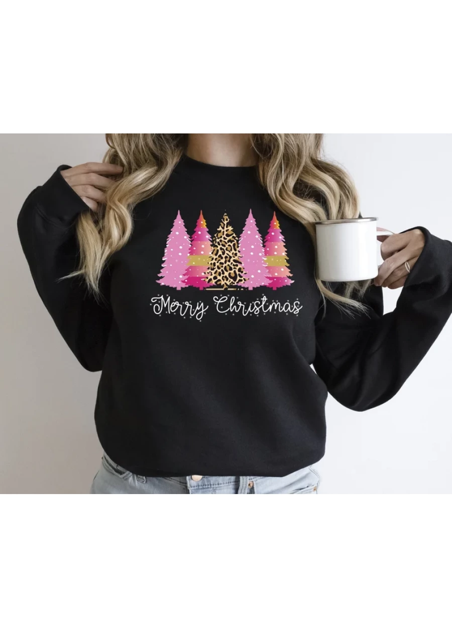 Leopard Print Christmas Tree Sweatshirt: Ladies Merry Christmas Holiday Sweater