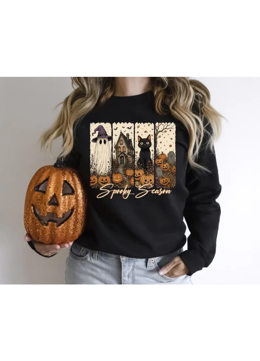 Spooky Season Ghost Halloween Sweatshirt, Retro Black Cat Fall Shirt