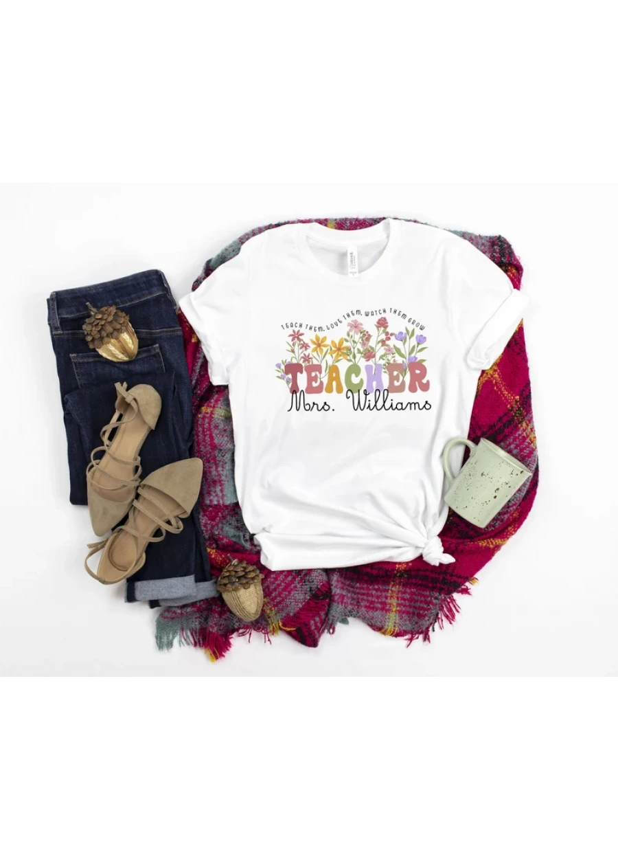 Wildflower Teacher Name Shirt: Personalized Groovy Teacher T-Shirt