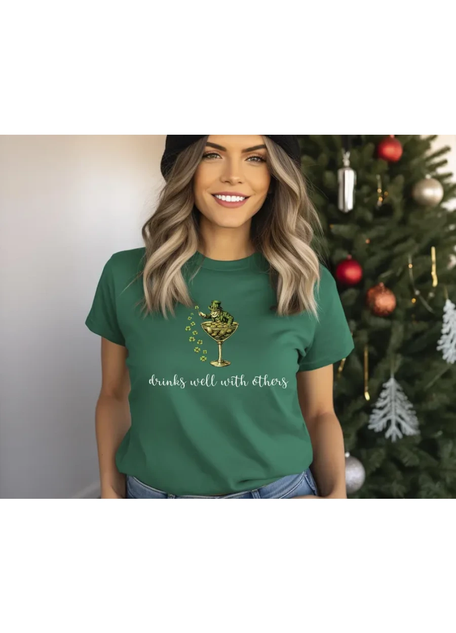 St Patrick's Day Baby Tee for Women, Leprechaun Martini Cocktail Drinks Well With Others Baby Tee, Irish Shirt