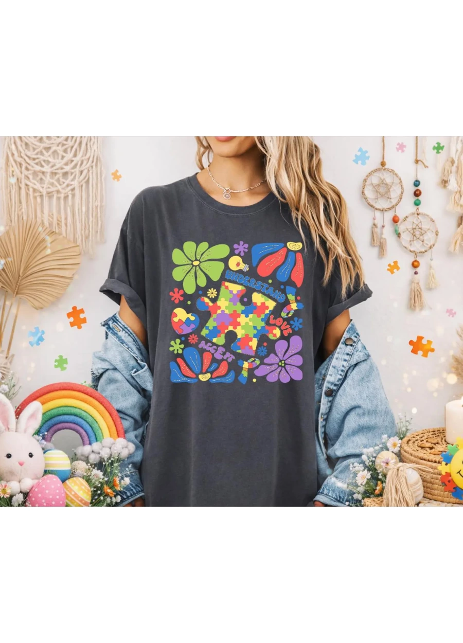 Comfort Colors Autism Awareness Shirt, Boho Puzzle Piece Sweatshirt, Understand Accept Love Tee, Neurodiversity T-Shirt, Autism Mom Gift