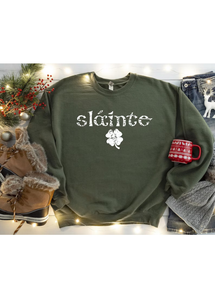 Vintage Slainte Shamrock Sweatshirt, St Patrick's Day Lucky Green Sweater, Four Leaf Clover Hoodies