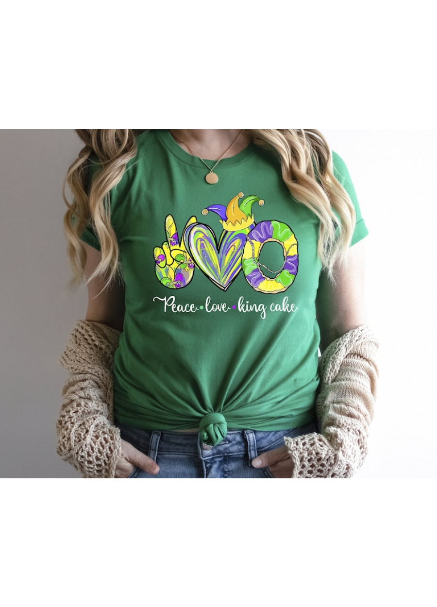 Peace Love King Cake Mardi Gras T-Shirt: New Orleans Fat Tuesday Tee