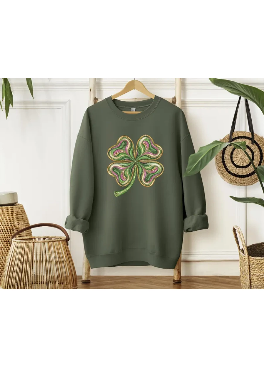 Retro Shamrock Sweatshirt: Four Leaf Clover Sweater, St Patricks Day Hoodie