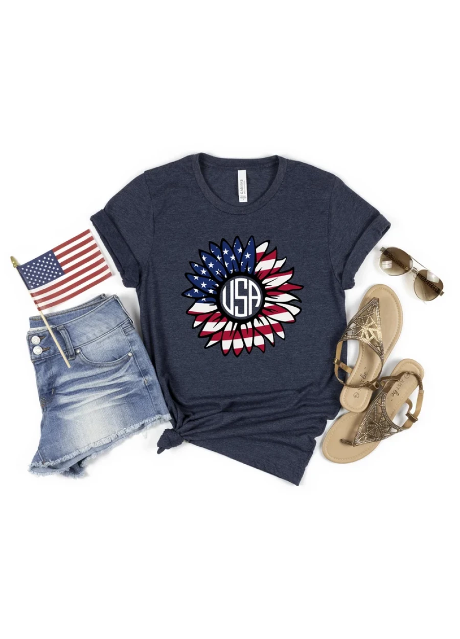 USA Flag Sunflower Shirt: 4th of July Independence Tee