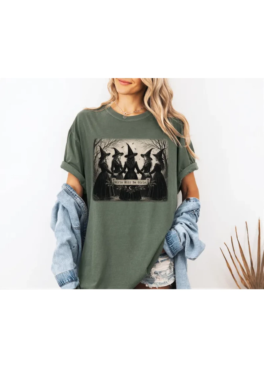 Vintage Girls Will Be Girls Witch Comfort Colors Shirt, Halloween Women T-shirt, Witchy Vibes Tee