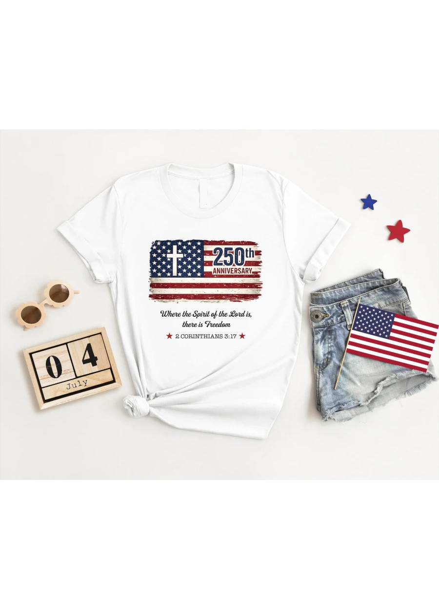 RedChristian Usa 250th Anniversary T-Shirt, Distressed Patriotic Cross Tee