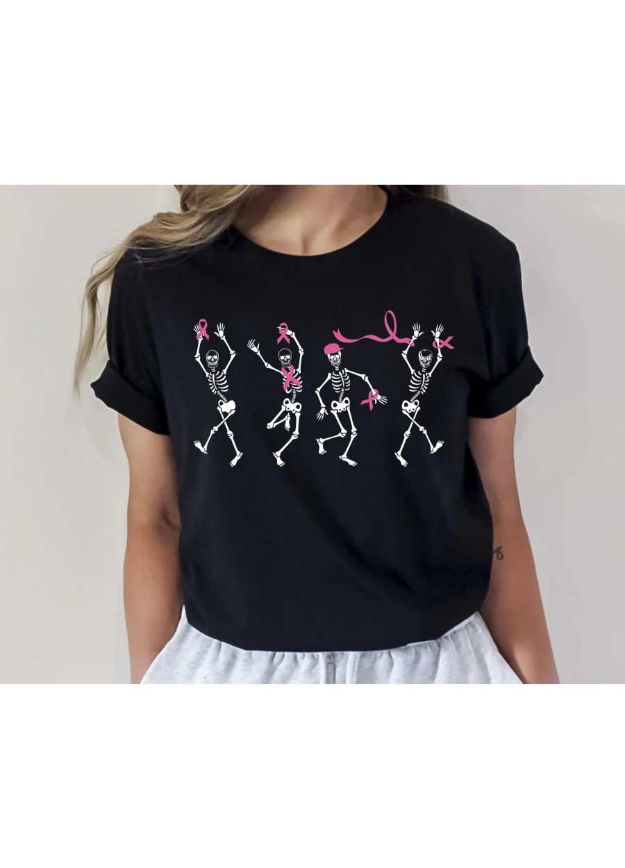Dancing Skeletons Breast Cancer Awareness T-Shirt: Pink Ribbon Halloween Tee