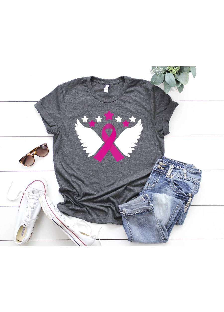 Cancer Awareness T-Shirt: Pink Ribbon, Wings, Stars - Strong Women