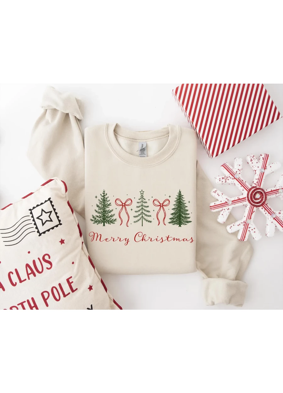 Preppy Christmas Tree Sweatshirt, Xmas Coquette Bow Shirt, Merry Christmas Tee