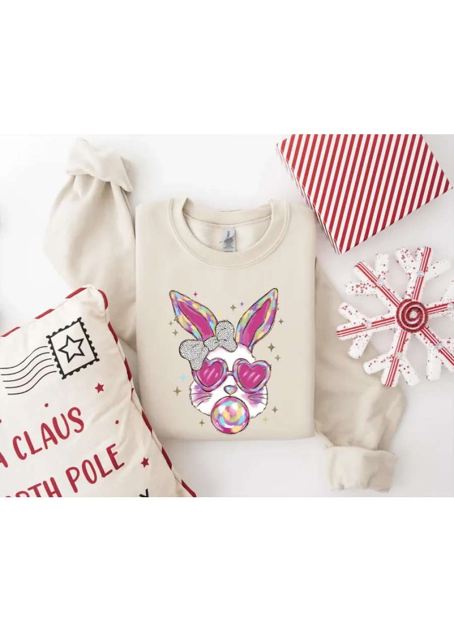 Easter Bunny Sweatshirt, Retro Easter Sweater, Bubble Gum Bunny Tee, Pink Coquette Bunny Shirt