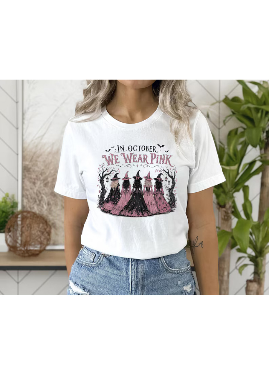 n October We Wear Pink Shirt, Halloween Breast Cancer Awareness Tee, Halloween Witch Sweater