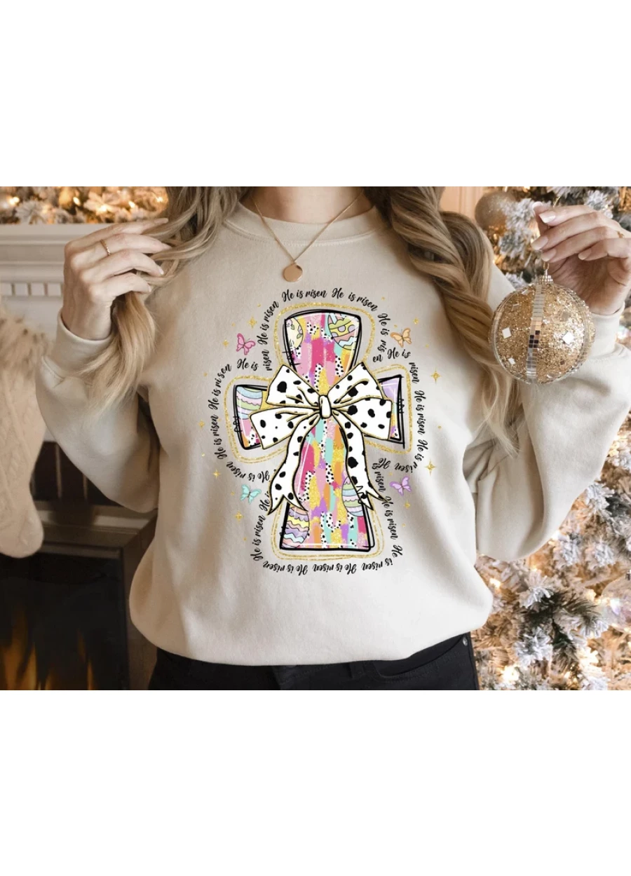 He is Risen Easter Sweatshirt: Christian Cross, Coquette Bow