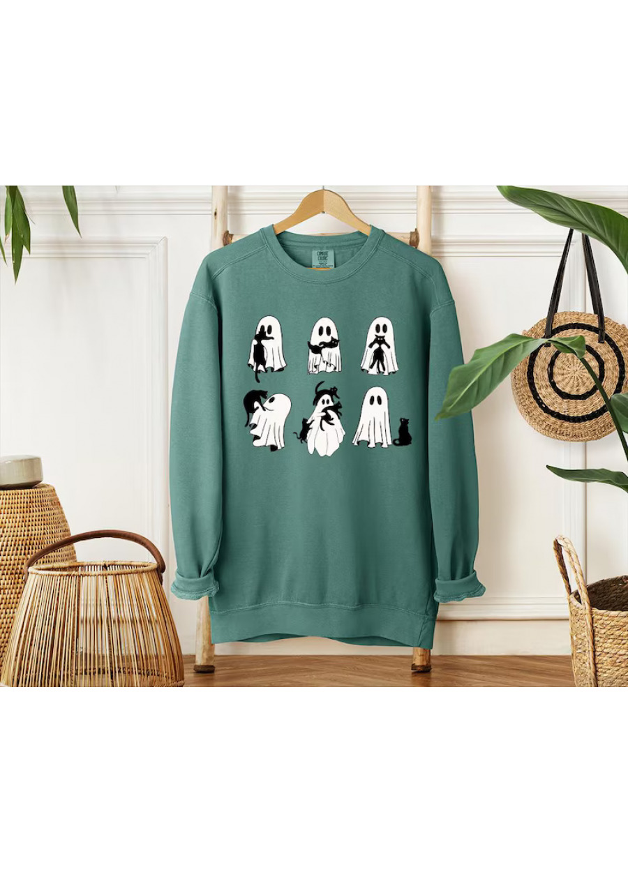Retro Halloween Comfort Colors Shirt: Black Cat & Ghost Sweatshirt