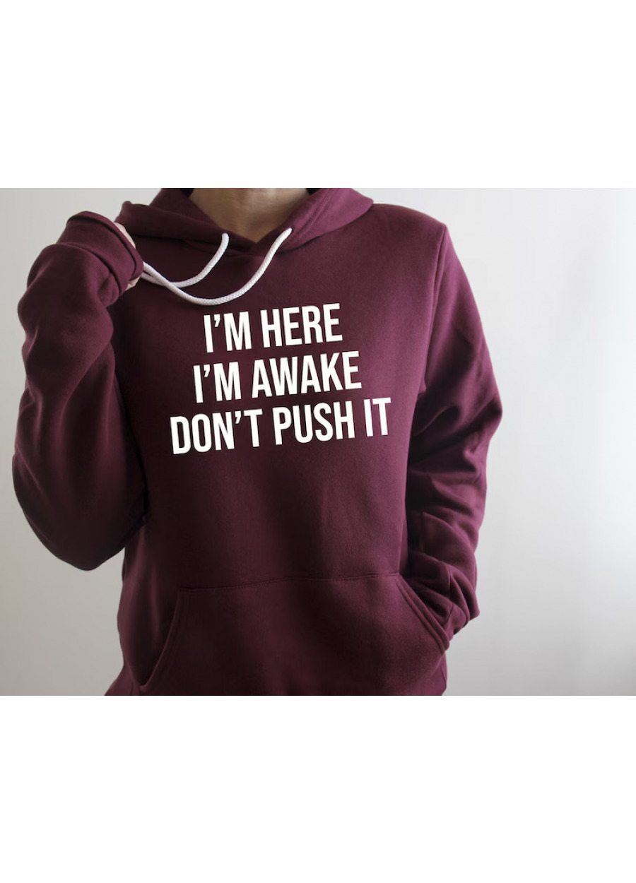 I'm Here I'm Awake Don't Push It Hoodie,Sarcastic Hoodie, Funny Gift Idea Sarcasm,Funny Hooded Sweatshirt, Funny Winter Hoodies, Adult Humor