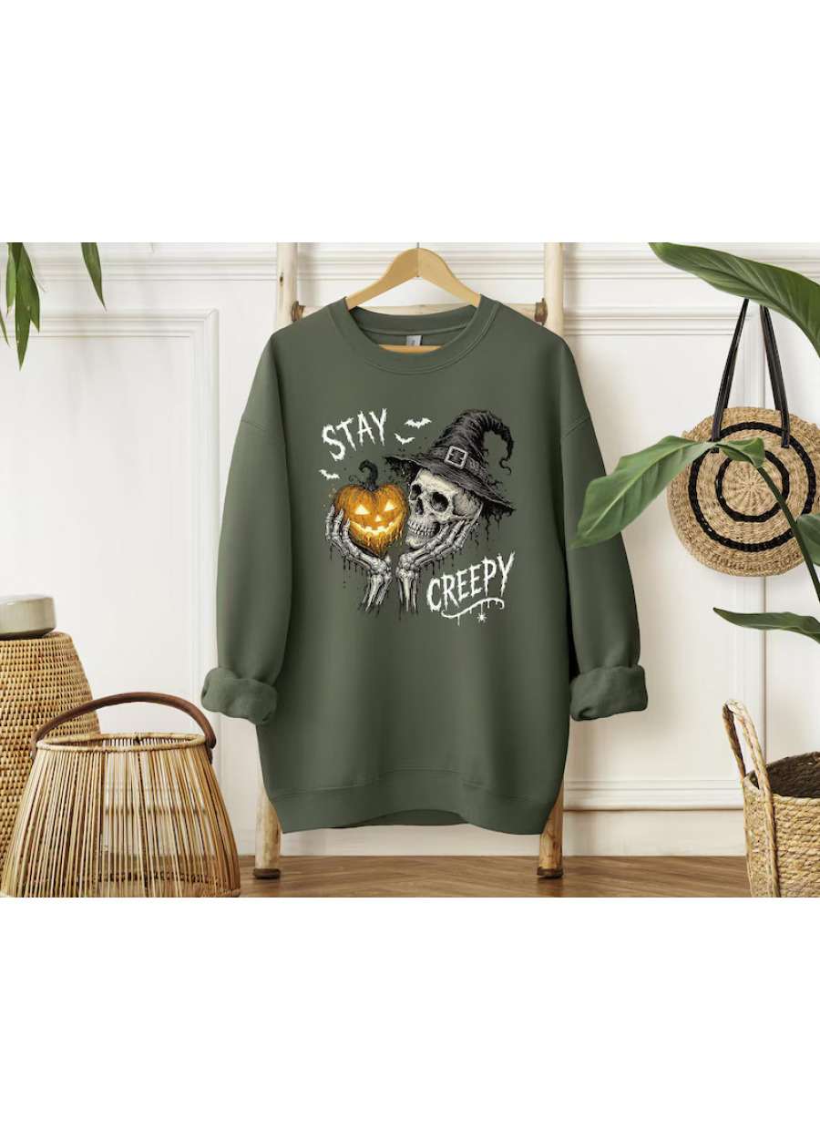 Stay Creepy Sweater, Skeleton Pumpkin Halloween Sweatshirt, Spooky Season Witch Hat Shirt