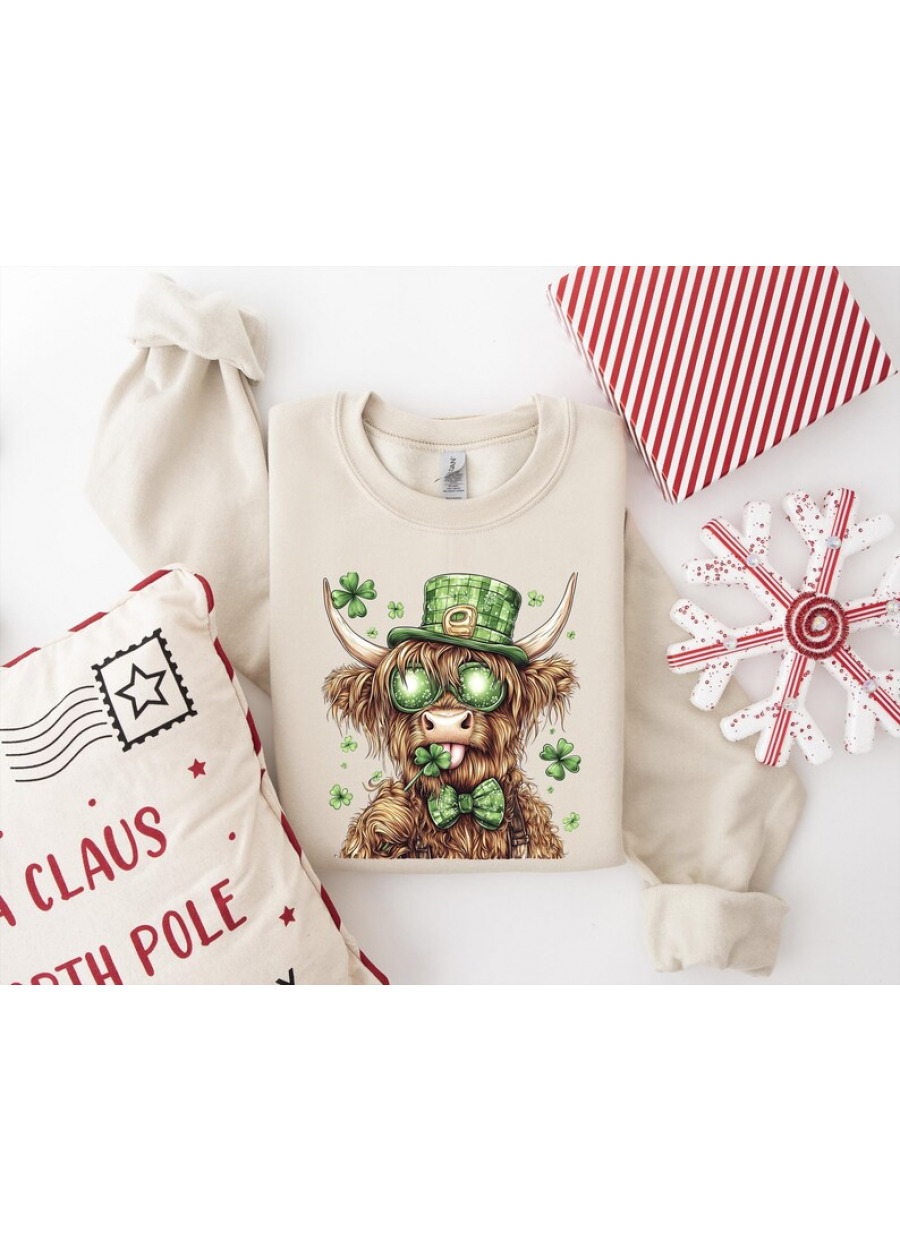 Highland Cow St Patrick's Day Sweatshirt, Retro Shamrock Tee