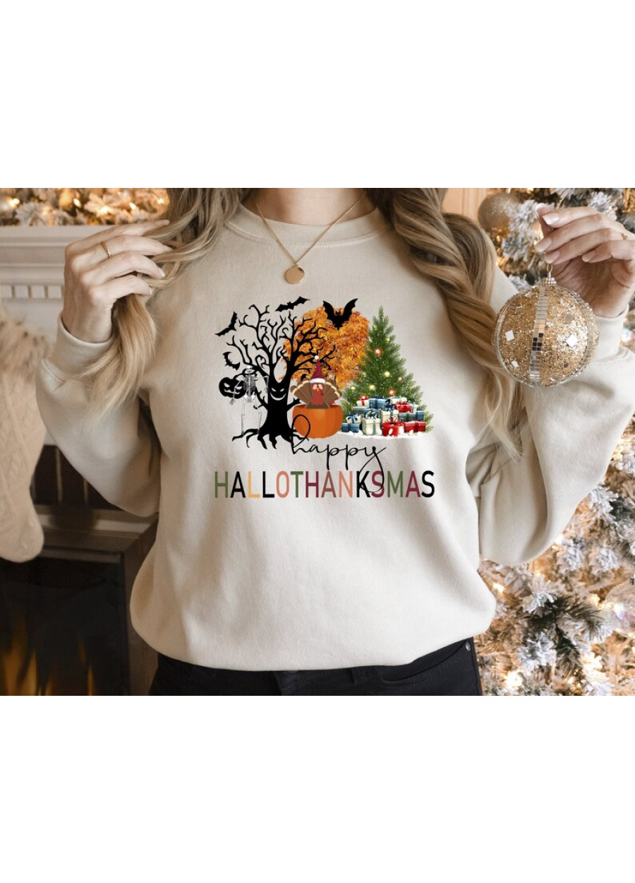 Happy Hallothanksmas Sweatshirt, Halloween Gift For Women, Christmas Sweatshirt, Halloween Sweatshirt, Cute Halloween Sweater