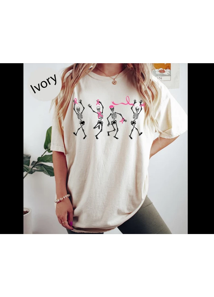 Dancing Skeletons Breast Cancer Awareness Tee: Halloween Ribbon Shirt