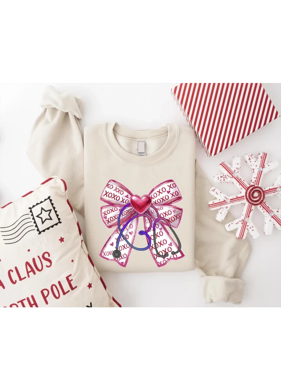 Nurse Valentine Sweatshirt: Heart Stethoscope XOXO Ribbon