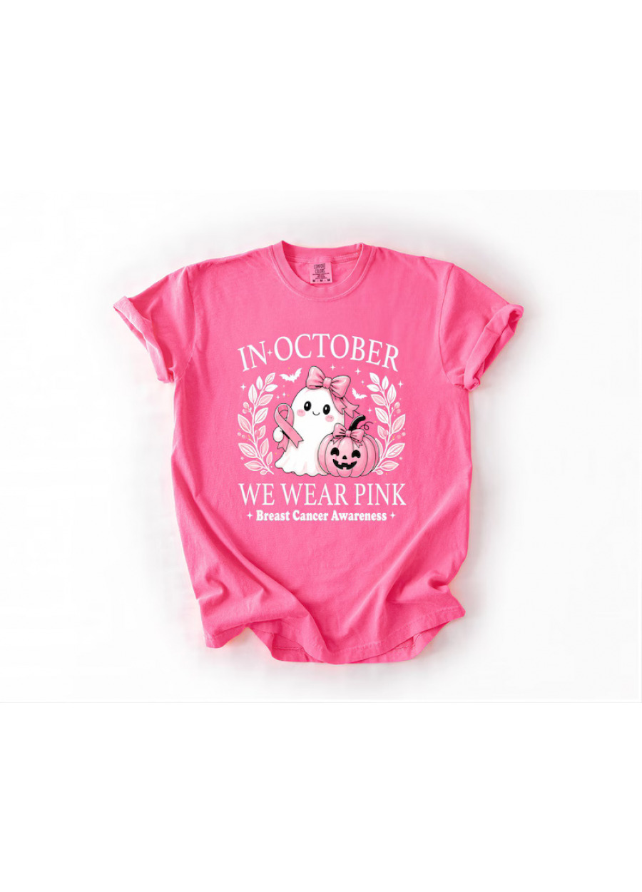 Comfort Colors® In October We Wear Pink Ghost Shirt, Breast Cancer Awareness Tee, Halloween Ghost Tshirt