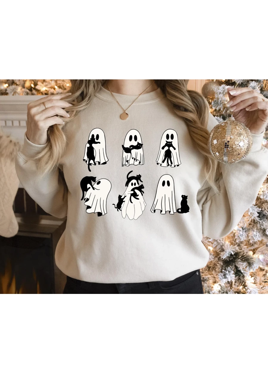 Halloween Black Cat & Ghost Shirt: Spooky Season Cat Lovers Tee