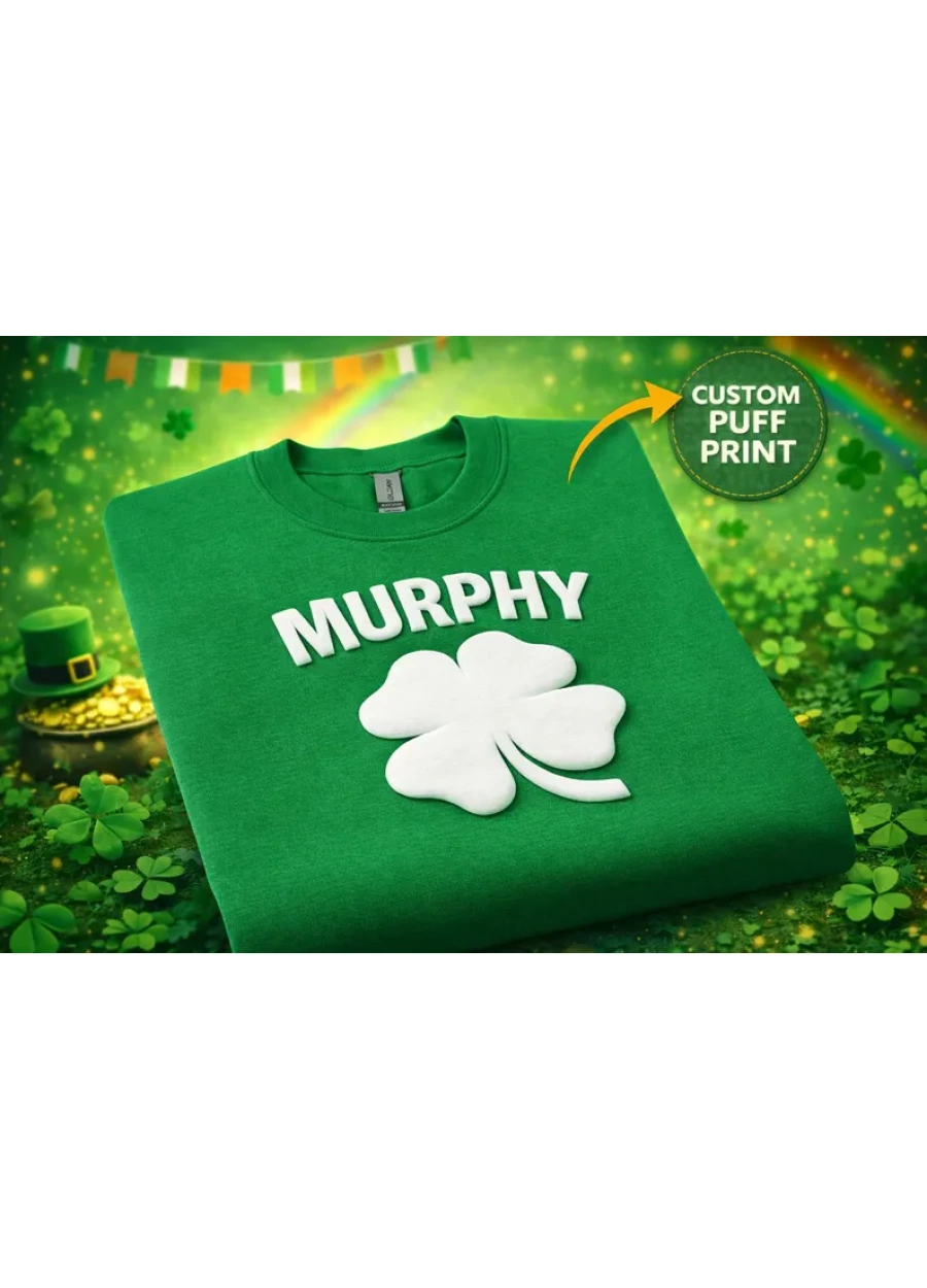 Custom Name St Patricks Day Puff Sweatshirt, Personalized Shamrock Puff Hoodie, Irish Embossed Sweater