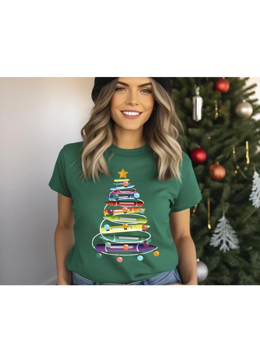 Christmas Teacher T-Shirt: Crayon Tree Graphic Tee