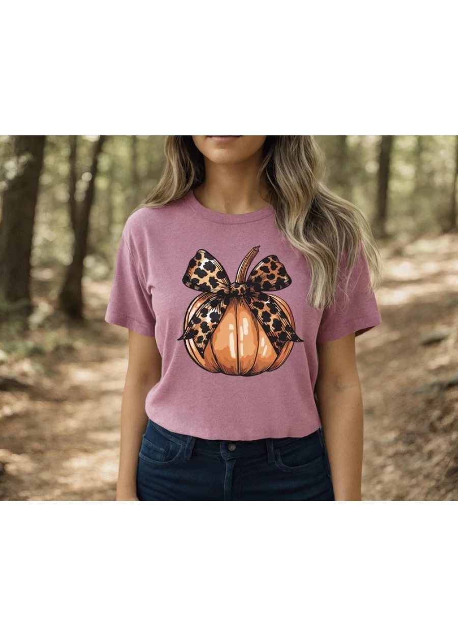 Pumpkin Leopard Bow Shirt: Retro Fall Coquette Tee