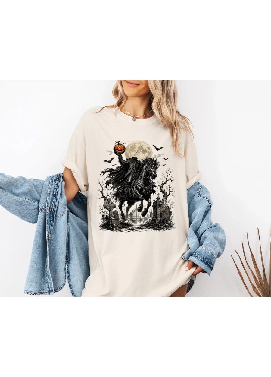 Headless Horseman Pumpkin Rider Halloween Comfort Colors® Shirt, Spooky Graveyard Gothic Tee, Vintage Horror Fall Graphic T-Shirt