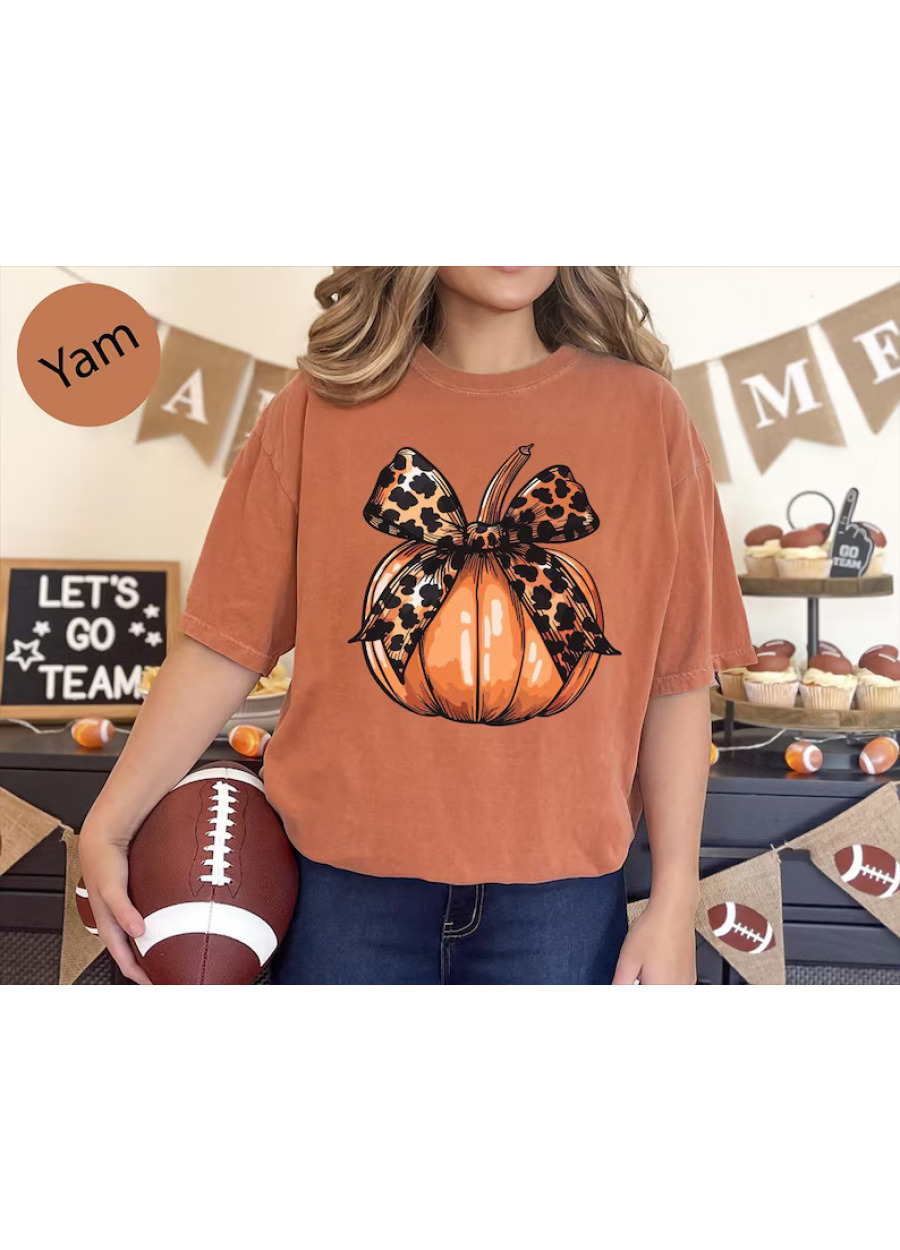 Comfort Colors Pumpkin Leopard Bow Shirt: Retro Fall Tee