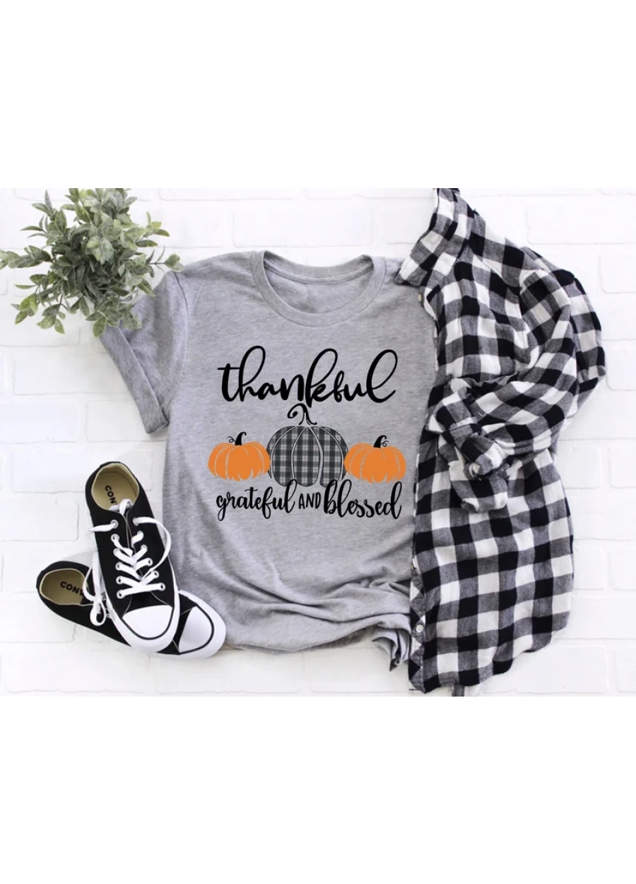 Thankful Grateful Blessed Thanksgiving T-Shirt: Buffalo Plaid Pumpkin Design