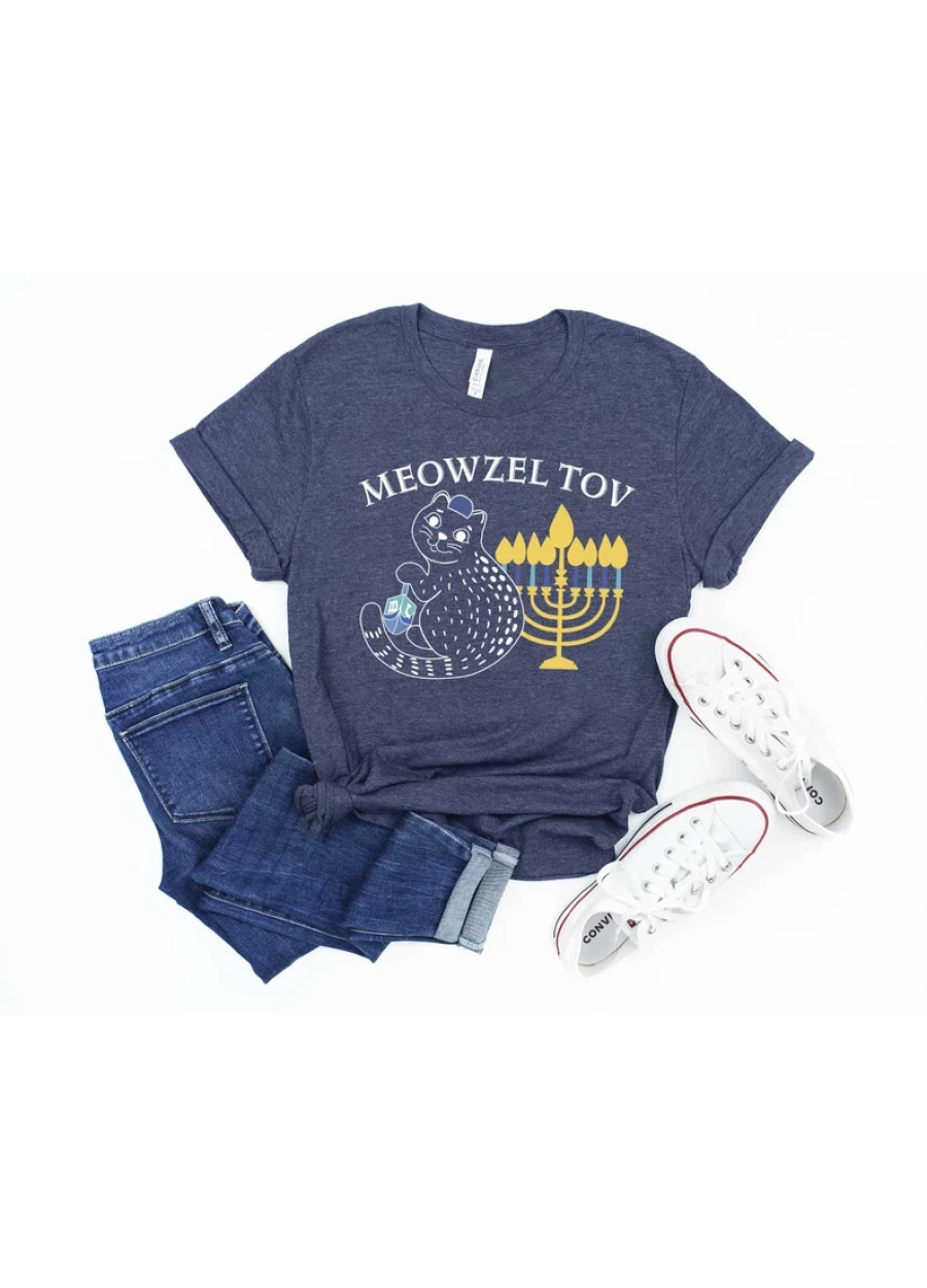Meowzel Tov T-Shirt, Dreidel Menorah Cat Shirt, Jewish Gift Hanukkah, Chanukah Gift Shirt, Funny Hanukkah Shirt, Family Holiday Shirt