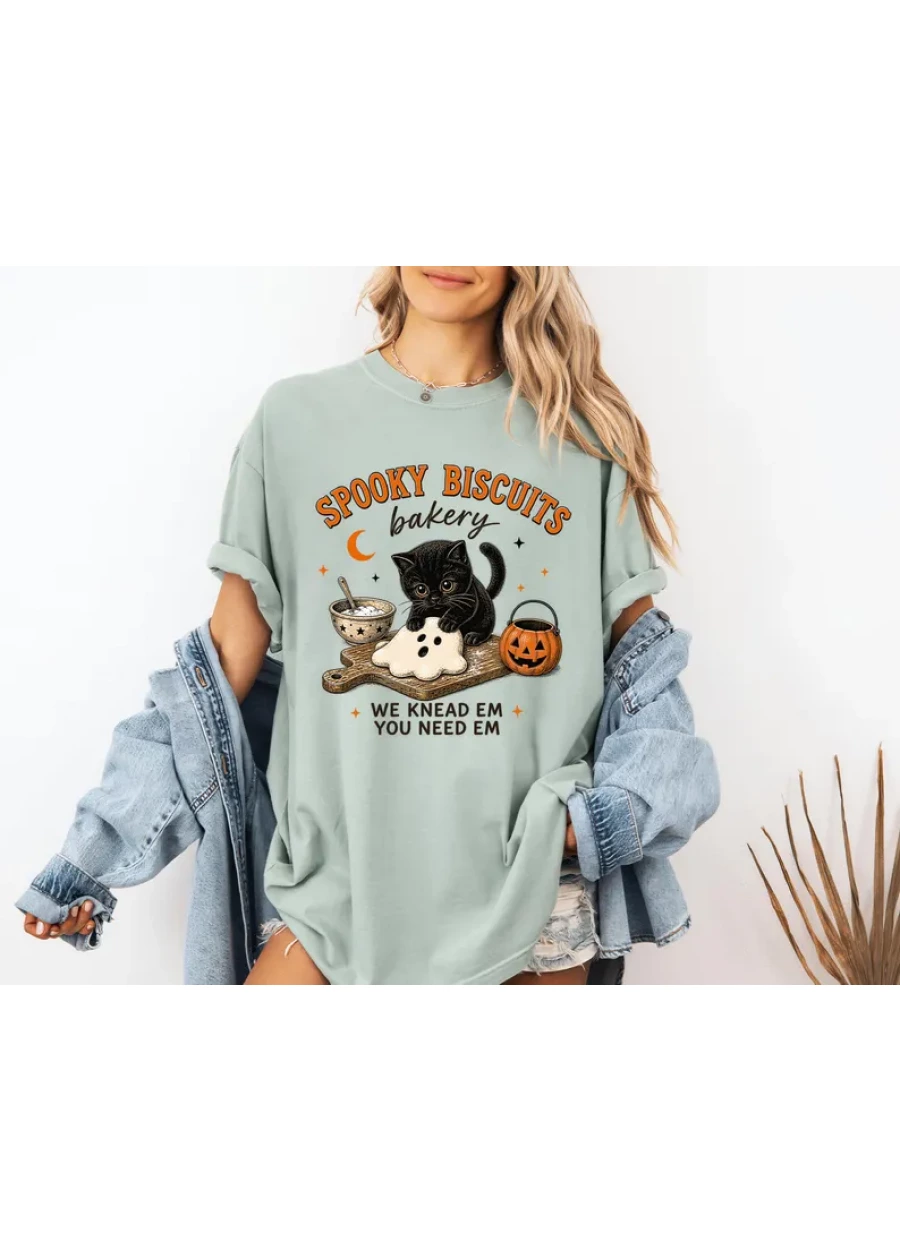 Comfort Colors® Kitty Biscuits Shirt, Spooky Season Tee, Black Cat Halloween Fall Tee, Vintage Baking Pumpkin T-shirt