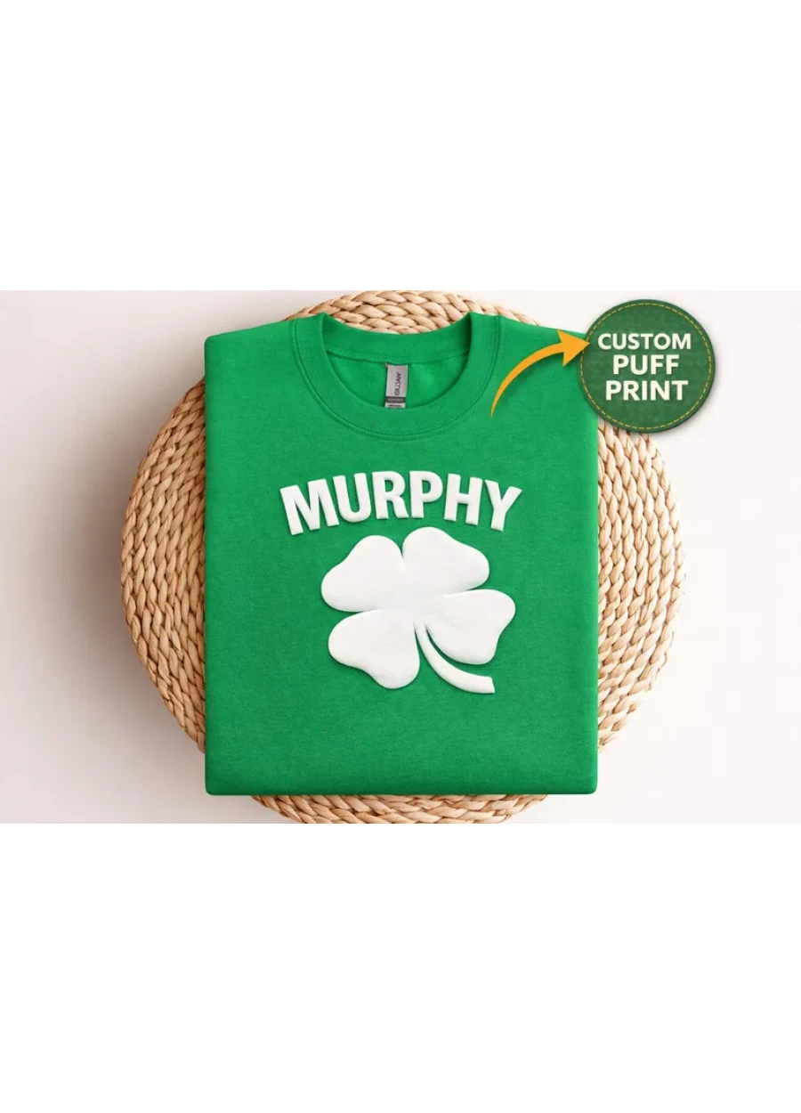 Personalized St Patricks Puff Sweatshirt, Custom Name Shamrock Puff Sweater, Irish Day Embossed Hoodie