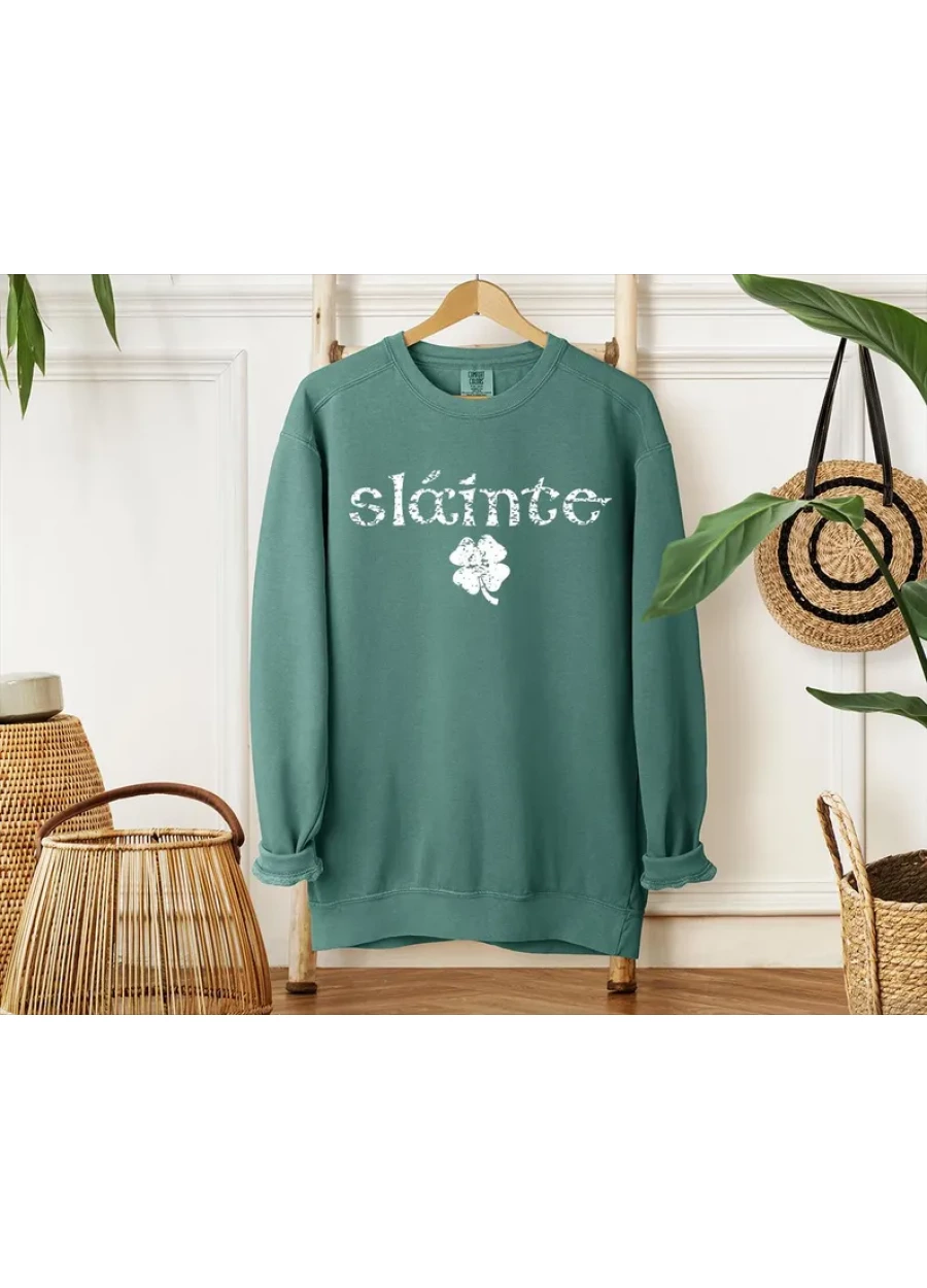 Comfort Colors® Vintage Slainte Sweatshirt, Lucky Shirt, St Patricks Day Four Leaf Clover Sweater