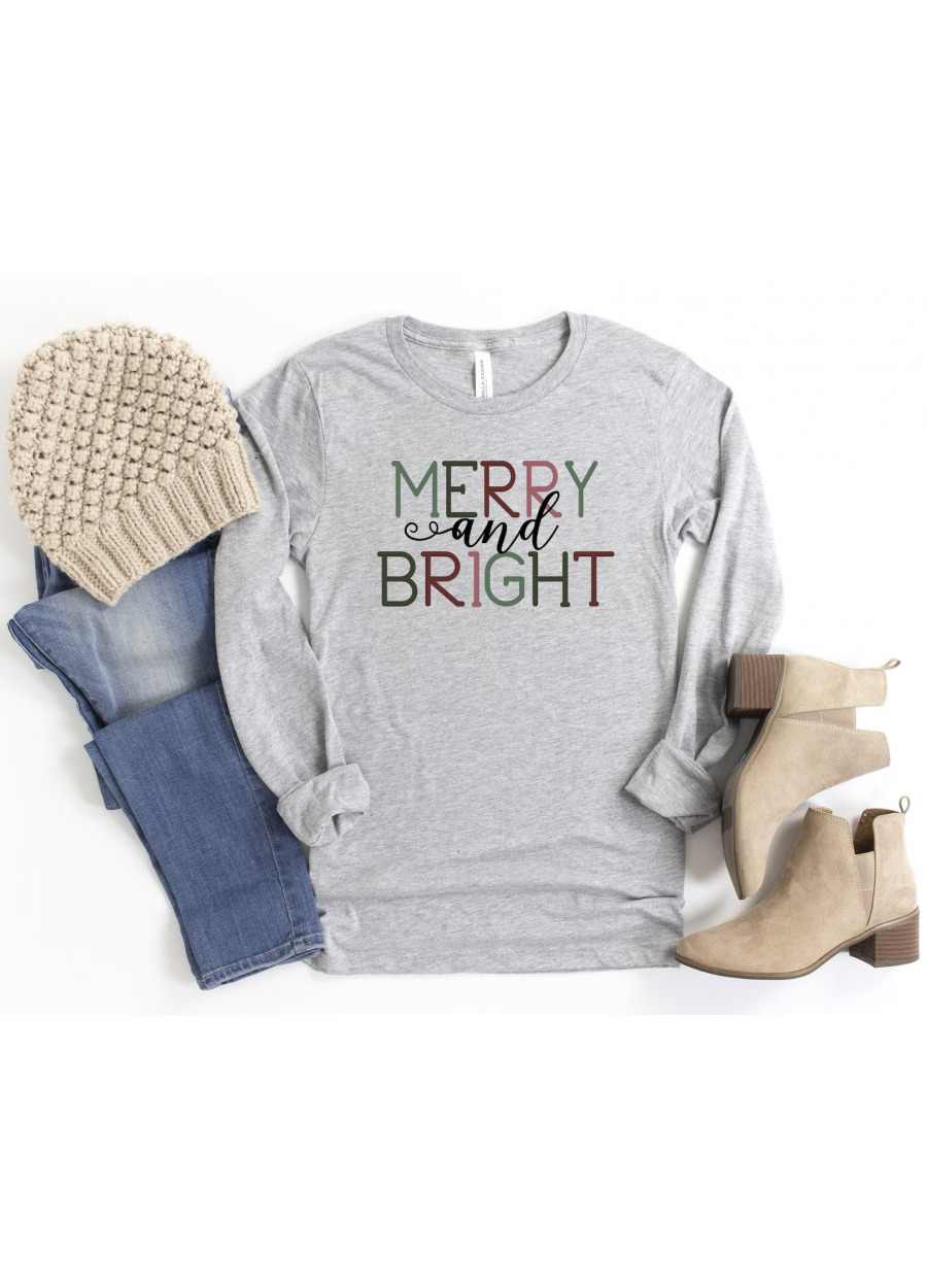 Merry and Bright Christmas Long Sleeve Tee - Women's Xmas Shirt