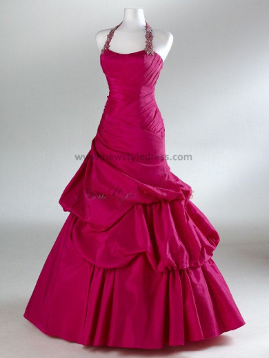 2014 new style Satin Halter Princess Glamorous Watermelon Red Ruched Floor-Length Evening dresses np-0090