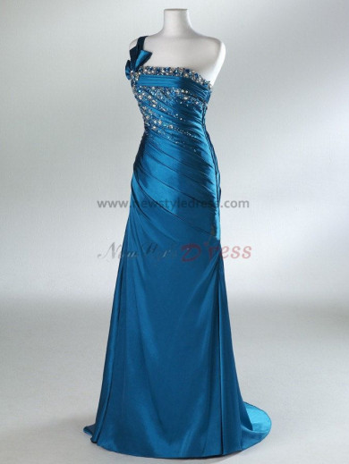 2014 New Style One Shoulder Sashes with Bow Chest With Crystal Navy Blue and Silver Prom Dresses np-0103