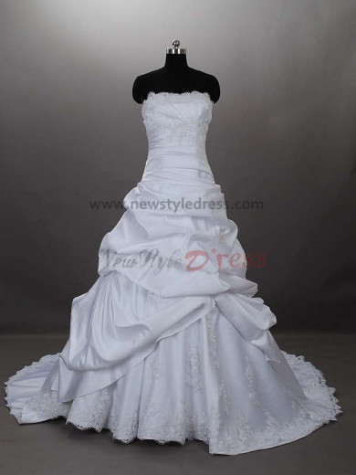 Chest Appliques Crystal CathedralRoyal Train Lace Draped Hand-beading Strapless Satin Princess Wedding dresses nw-0022
