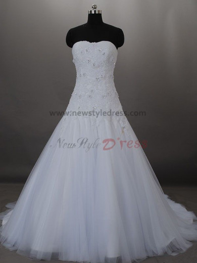 a-line Lace Up Tulle Elegant Beading Sweep Train Princess wedding dresses nw-0009 
