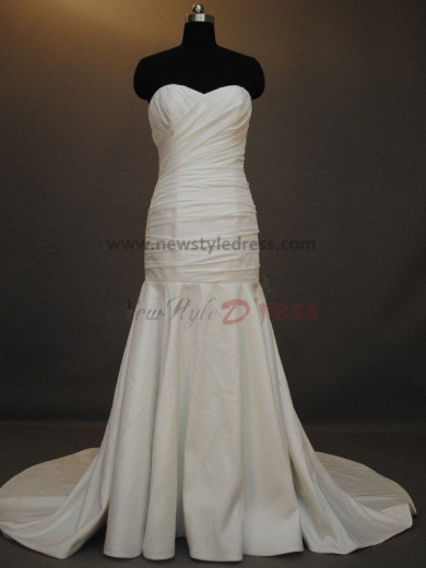 Pleat Chapel Train Mermaid Sheath Strapless Satin Zipper-Up Simple Elegant Modern Sweetheart Wedding dresses nw-0032
