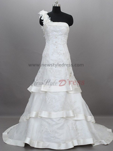 Tiered Embroidery One Shoulder Lace Up A-Line Informal Winter Sweep Train Satin wedding dresses nw-0008