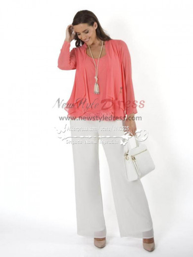 Mother of the bride pantsuit comfortable outfit Coral Top and white pants New arrival pantsuit nmo-222