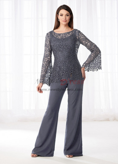 Charcoal Gray Mother of the bride pant suits dresses Lace Two piece pants outfits nmo-530