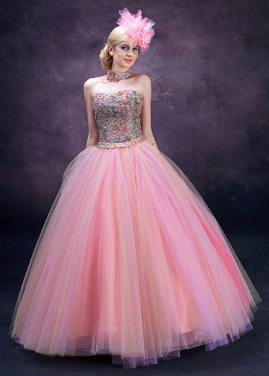 Chest Appliques Pink Tulle Floor-Length High-end Gorgeous Quinceanera Dresses nq-018